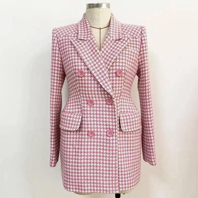 LOVEMI - Lovemi - Pink Houndstooth Wool Coat Retro Double-breasted