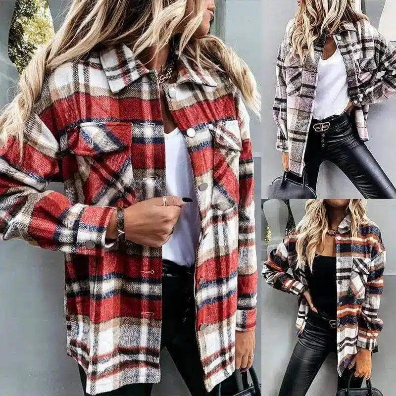 Women's Plaid Button-Up Jacket with Pockets-1