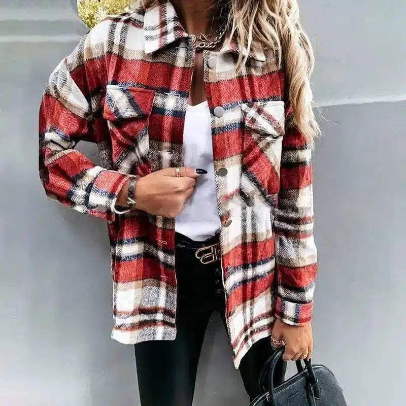 Women's Plaid Button-Up Jacket with Pockets-Red-2