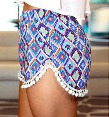 Printed elastic waist shorts beach pants-Blue-14