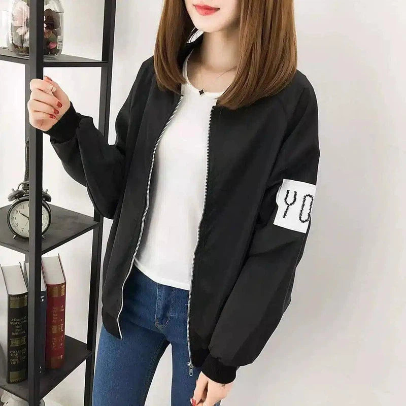 Printed jacket female jacket baseball uniform loose bf shirt-black-1