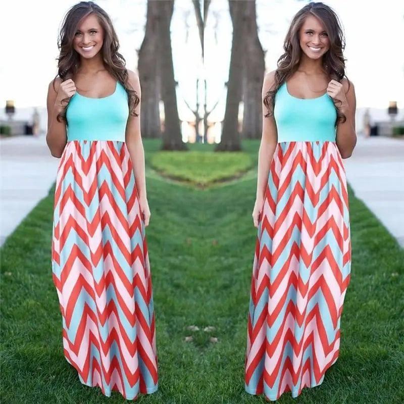 Printed Waves Stripe Long Skirt Dress-Blue-11