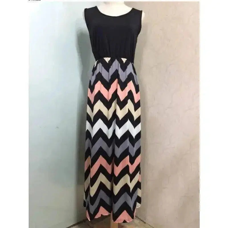 Printed Waves Stripe Long Skirt Dress-Blackpink-6