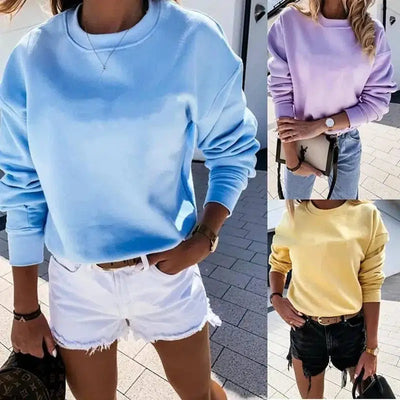 Pure Color Pullover Simple Long-Sleeved Round Neck Sweater-1