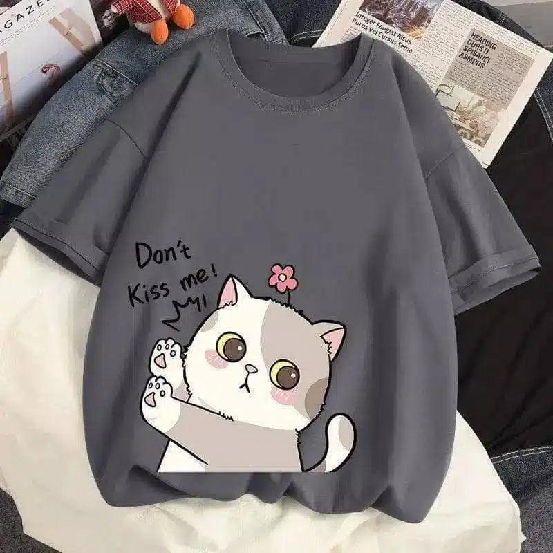 Cute Cat Graphic Casual Cotton Tee-Grey-8