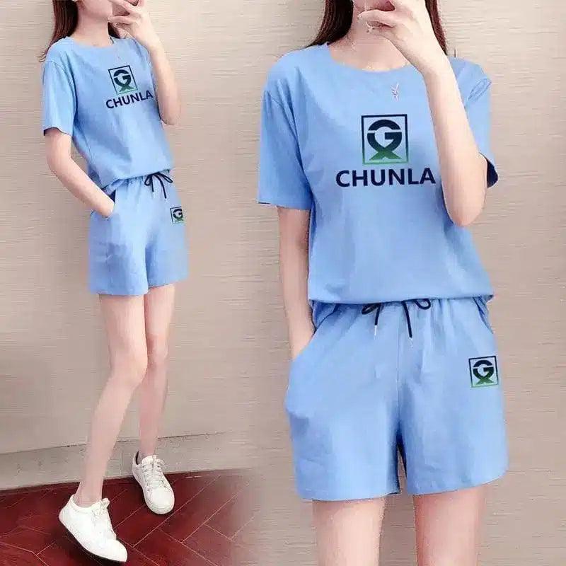 Women's Casual T-Shirt and Shorts Set-Blue-6