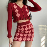 LOVEMI - Lovemi - Retro American Contrast Color Diamond Knit