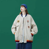 Retro Hong Kong Style Baseball Uniform Women Loose Bf Style-Khaki-2