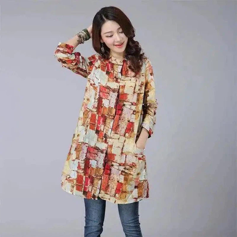 LOVEMI - Lovemi - Retro Print Long Sleeve Loose Shirt Mid-length