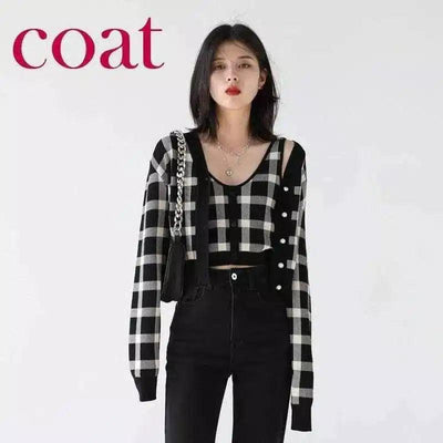 Women's Checkered V-Neck Cardigan with Buttons-Coat-2