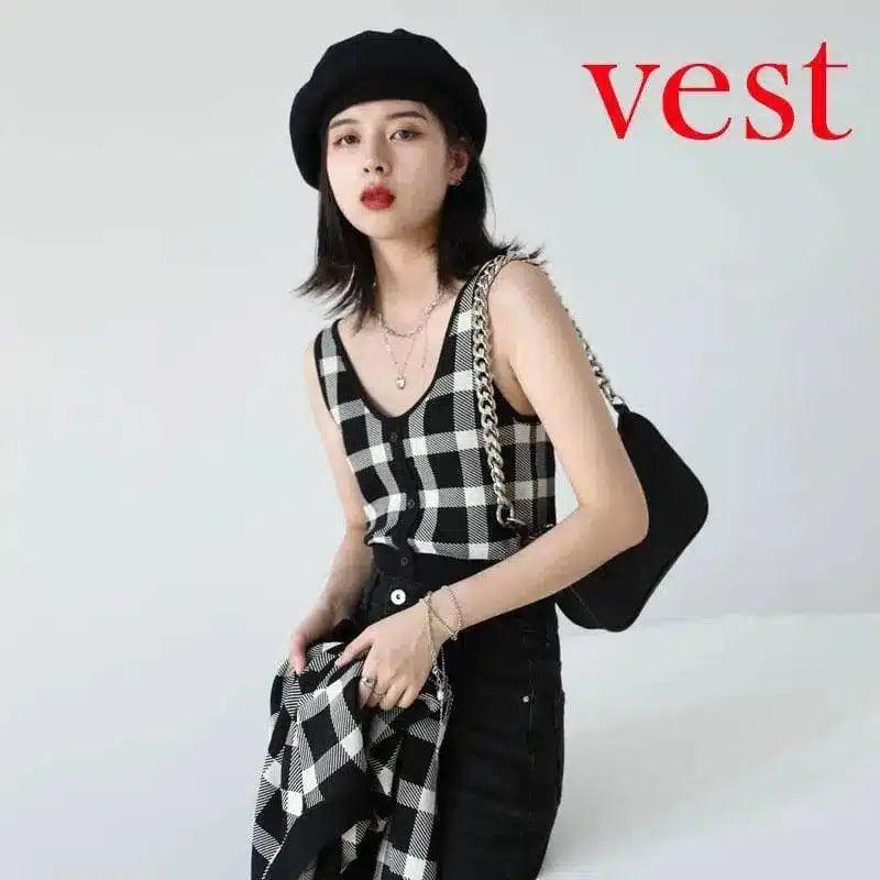 Women's Checkered V-Neck Cardigan with Buttons-Vest-3