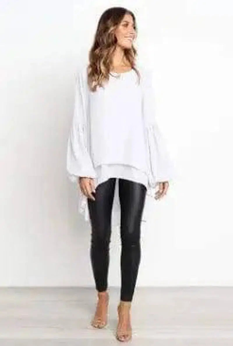 Round Neck Lantern Sleeve Irregular Ladies Top-White-2