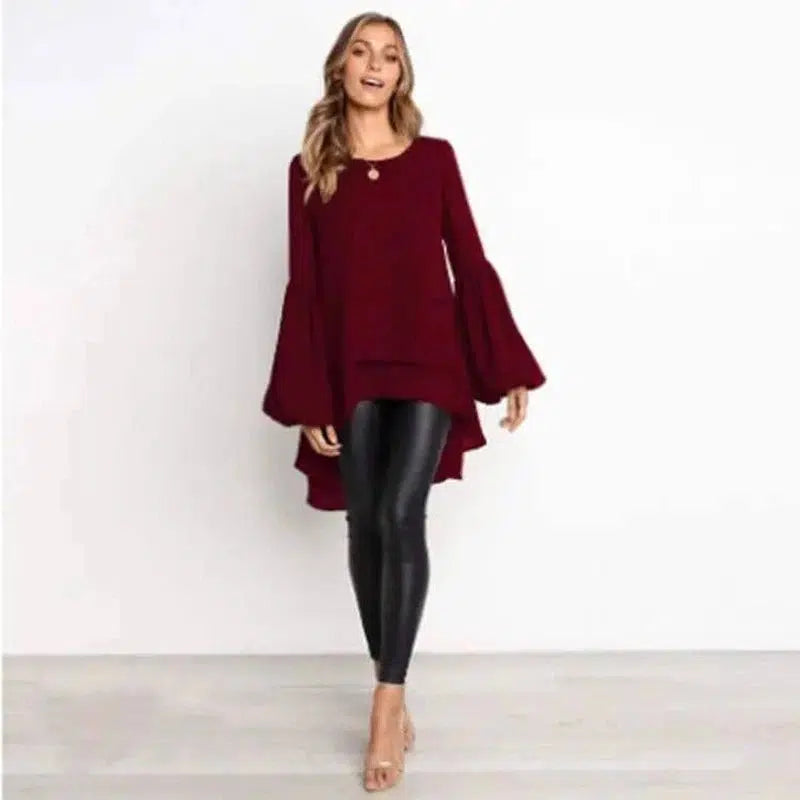 Round Neck Lantern Sleeve Irregular Ladies Top-Wine Red-5