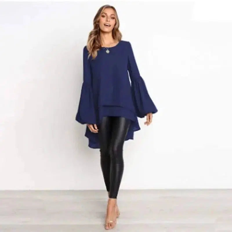 Round Neck Lantern Sleeve Irregular Ladies Top-Royal blue-6