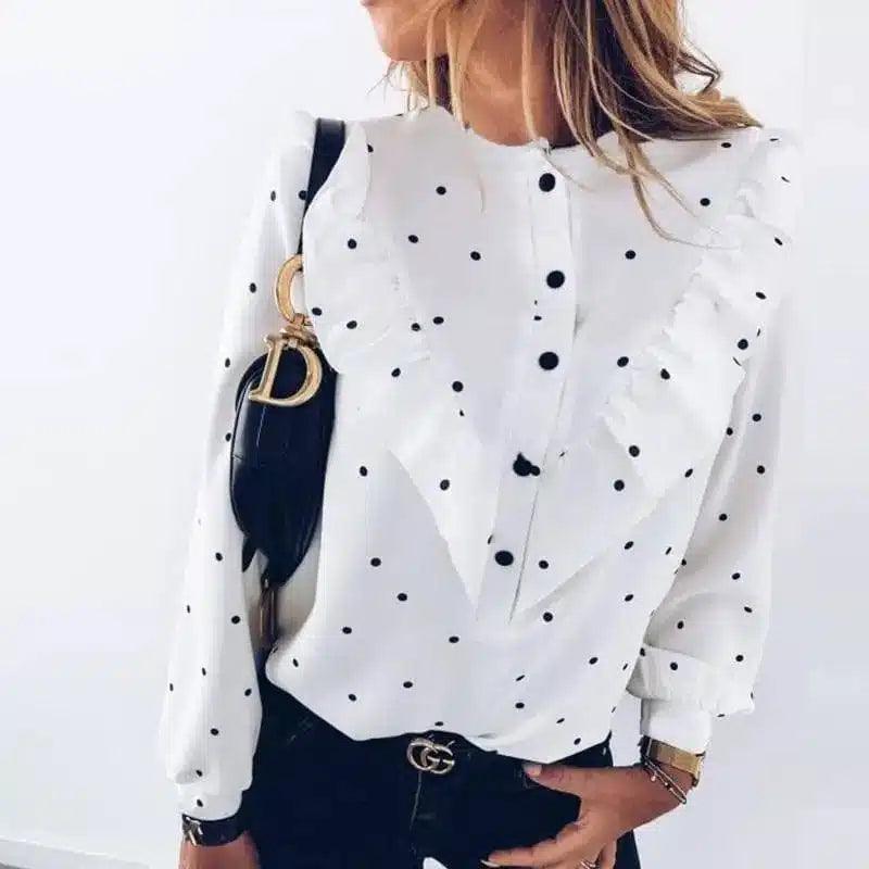 Polka Dot Women's Casual Blouse-White-3