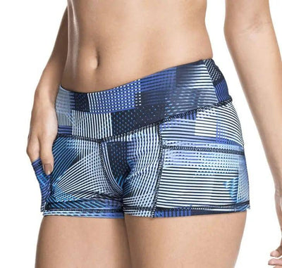 Running fitness ladies shorts high stretch sweat wicking-Deepbluegeometricstripes-11