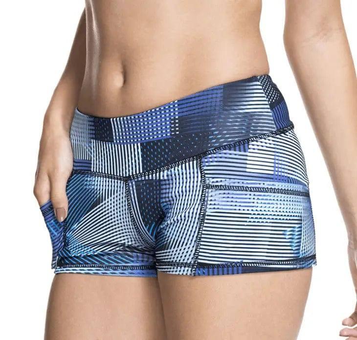 Running fitness ladies shorts high stretch sweat wicking-Deepbluegeometricstripes-18