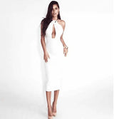 dress hanging neck nightclub bag hip skirt midi dress-White-10