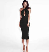 dress hanging neck nightclub bag hip skirt midi dress-Black-7