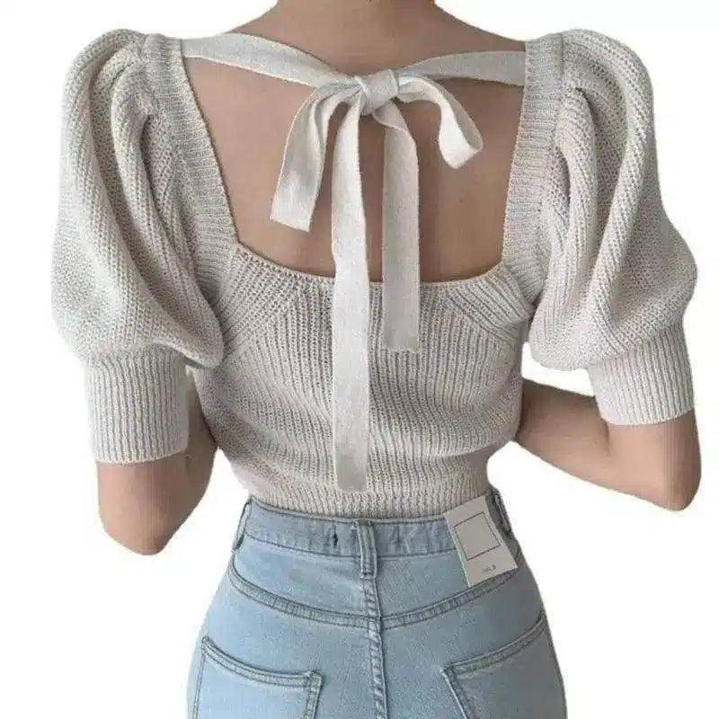 Puff Sleeve Knit Crop Top with Tie Back-White-2