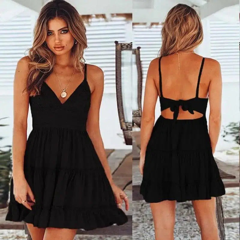 lace sling stitching bow princess dress-Black-23