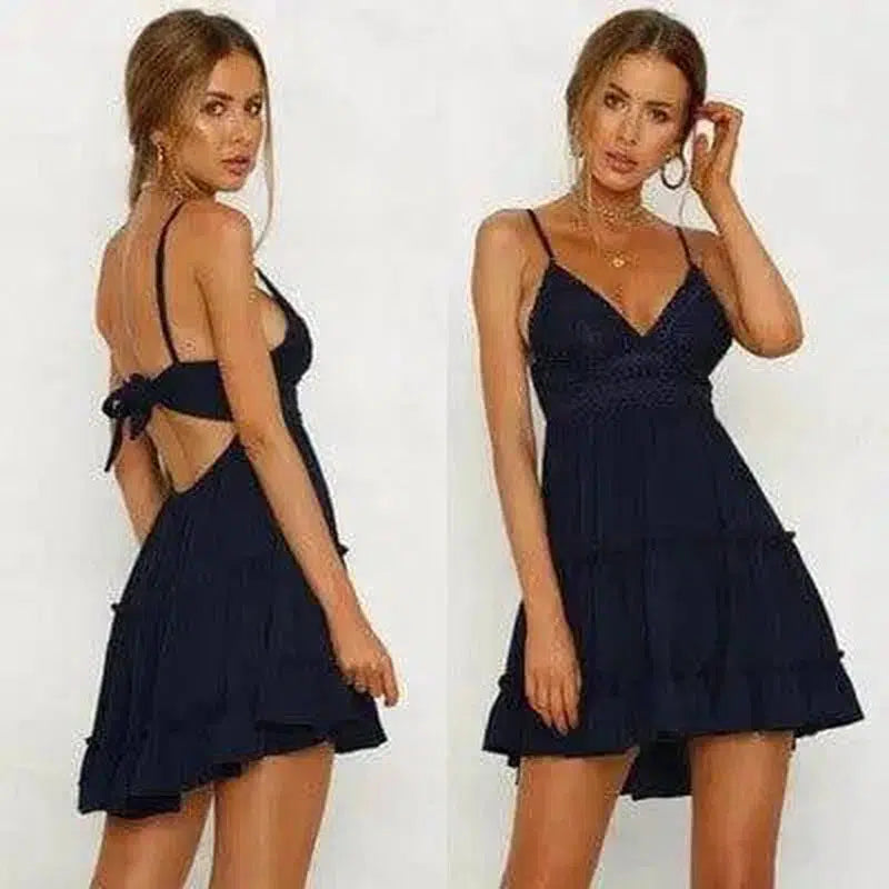 lace sling stitching bow princess dress-DarkBlue-29