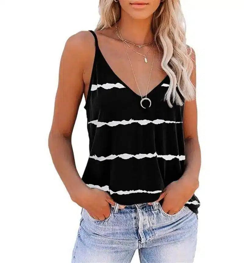 Women's Sleeveless V-Neck Striped Tank Top-Black-2