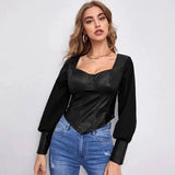 Stitching Puff Sleeve T-Shirt Bottoming Shirt-Black-1