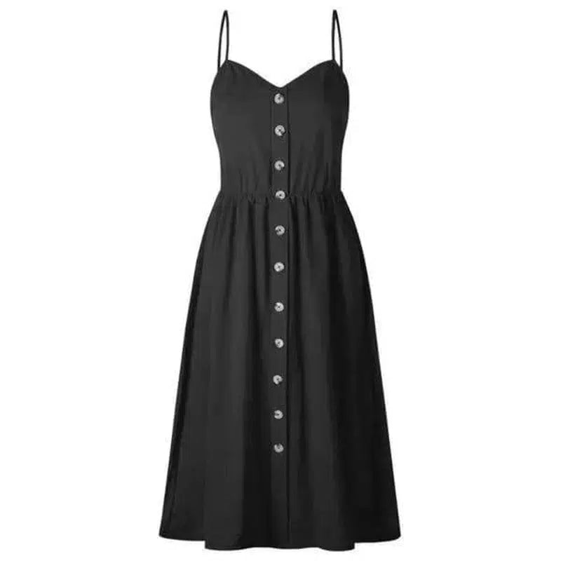 Suspender Button Pocket Halter Dress-Black-12