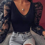 LOVEMI - Lovemi - Sexy V-neck floral mesh splicing bottoming shirt