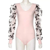 Lovemi -  Sexy V-neck floral mesh splicing bottoming shirt Blousse LOVEMI  Pink S 