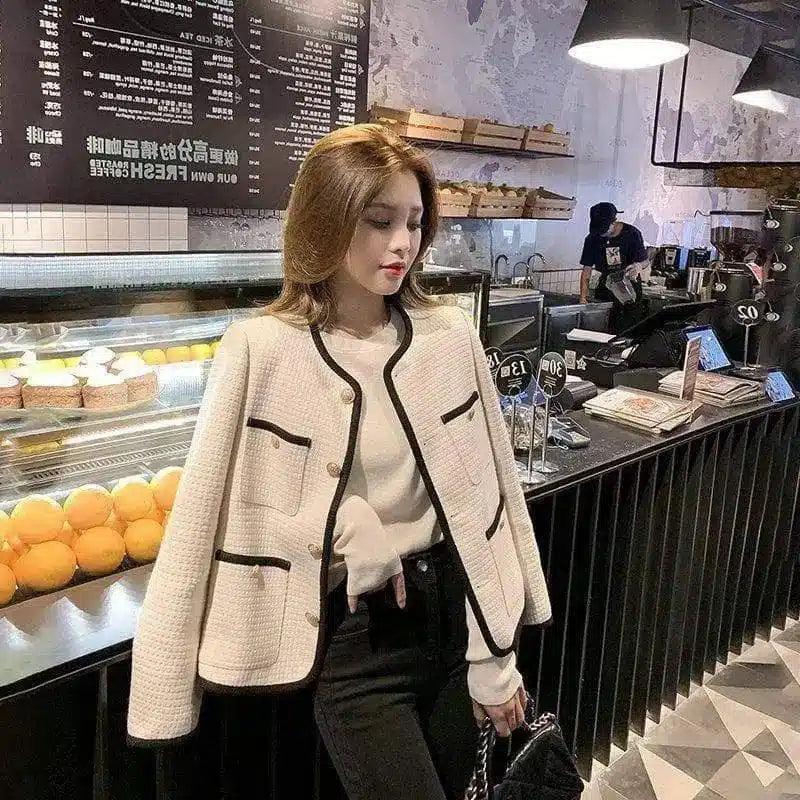 Short Coat Waffle Temperament Button Fashionable Little-White-1