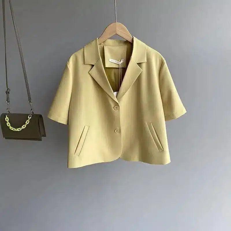 Short Sleeve Blazer for Women-Yellow-1