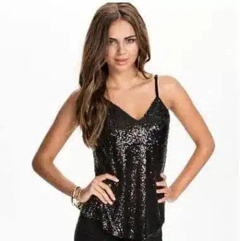 Women's Sequined Spaghetti Strap Tank Top-black-2