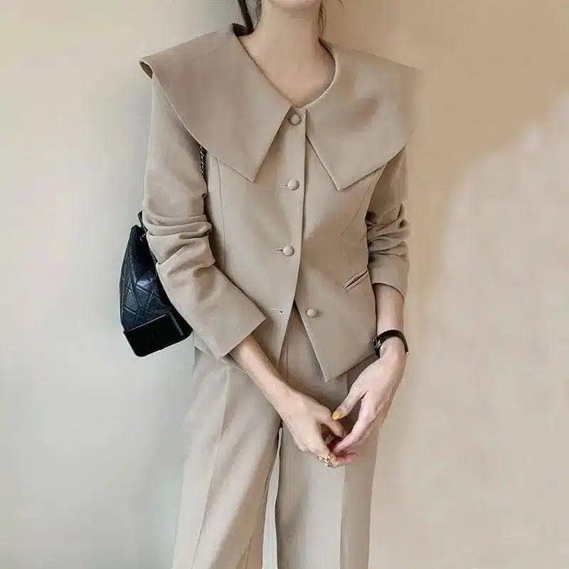 Women's Layered Blazer with Asymmetric Cut-Khaki jacket-2