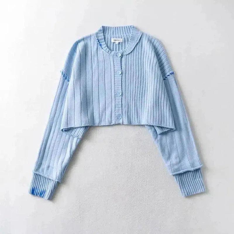 Ribbed Knit Button-Up Cardigan for Casual Wear-Blue-2