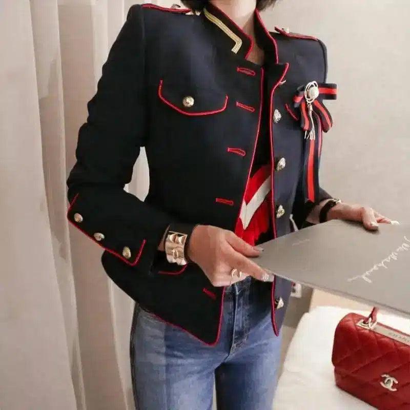 Military-Inspired Women's Jacket with Trim-Navy Blue-1