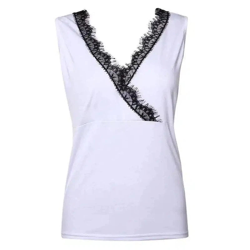 Lace Trim Sleeveless Women's Tank Top-White-2