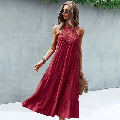 Sling Collar Solid Color Stitching Large Hem Midi Skirt-Wine Red-2