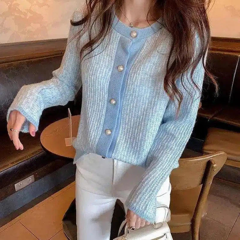 Women's Knit Button-Up Cardigan Sweater-Blue-1