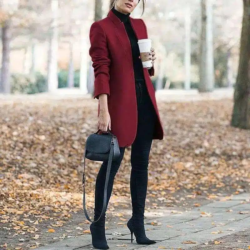 Womens Tailored Long Coat with Turtleneck-Red-4