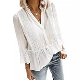 LOVEMI - Lovemi - Solid Color Hollow Stitching Ruffled V-neck Shirt