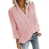 LOVEMI - Lovemi - Solid Color Hollow Stitching Ruffled V-neck Shirt