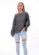 Off-Shoulder Knit Sweater for Women-Dark Grey-4