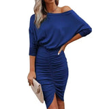 Off-Shoulder Ruched Women's Party Dress-Blue-3