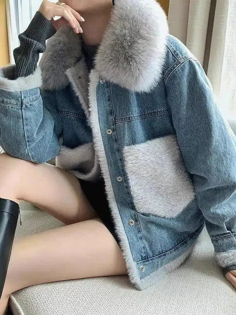 Faux Fur Lined Denim Jacket-Grey-2