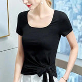 Women's Short Sleeve Knotted Tee-Black-2