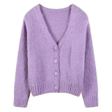 Solid Color V-Neck Knitted Short Single-Breasted Cardigan-Purple-1