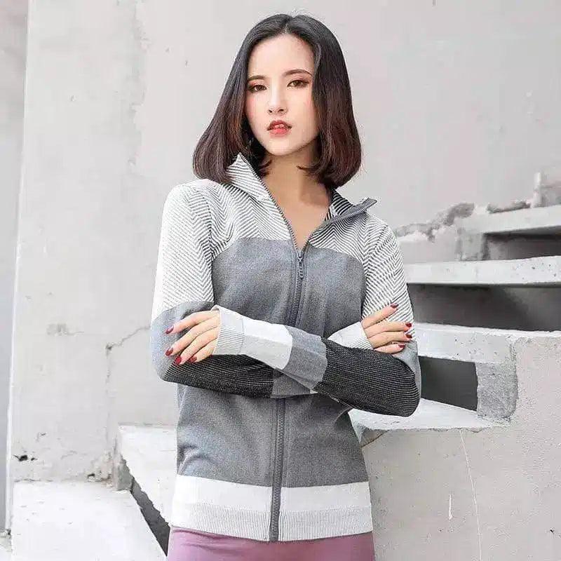 Women's Zippered Athletic Jacket with Stripes-Grey-3