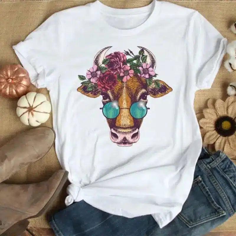 Floral Cow Print Women's T-Shirt-White-1